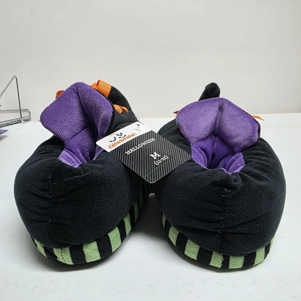 Halloween Witch Slippers Kids Size M‎ 11-12 Black Orange Laces Pointed Toe New